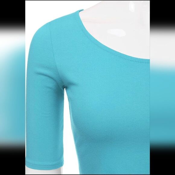 🔹️🔺️Blue Scoop Neck Stretchy Elbow Sleeve Top Large - Picture 4 of 11